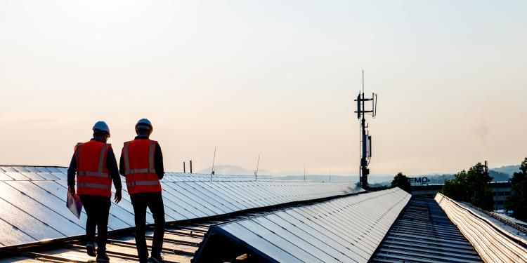 Male engineers walking along rows of photovoltaic panels stock photo.