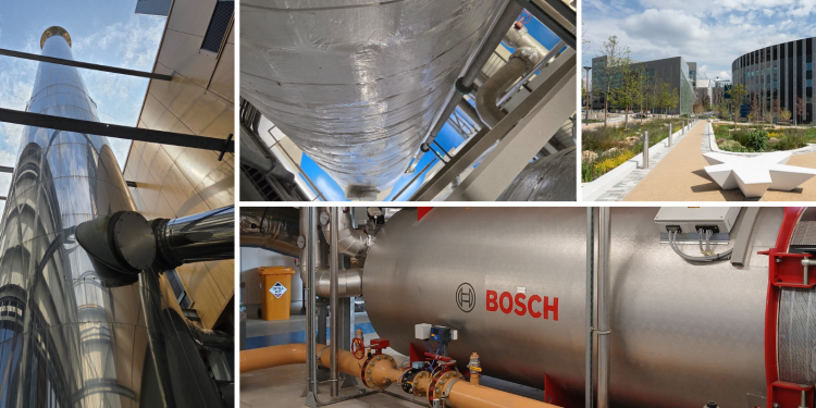 A collage of pictures inside the energy centre including a large water tank and tower