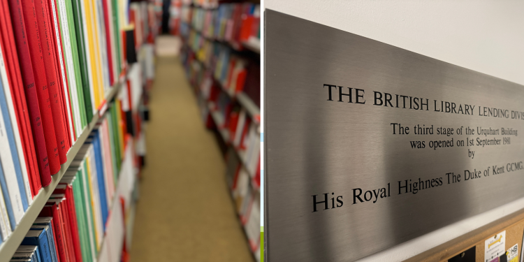 Colourful bookshelves and a royal opening sign