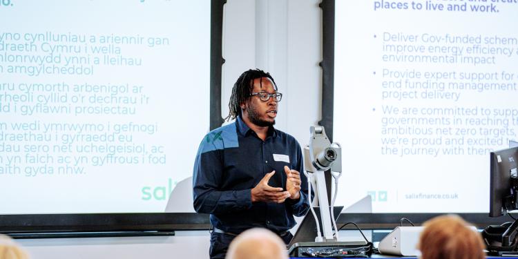 Gbenga Adenaike at Swansea university, speaking
