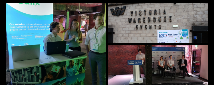 A collage of pictures showing a sign outside the event venue and Salix team members on stage