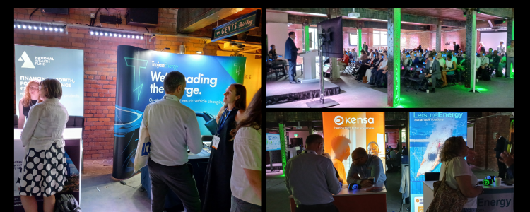 A collage of pictures including an audience watching the opening keynote speech, and a selection of stands