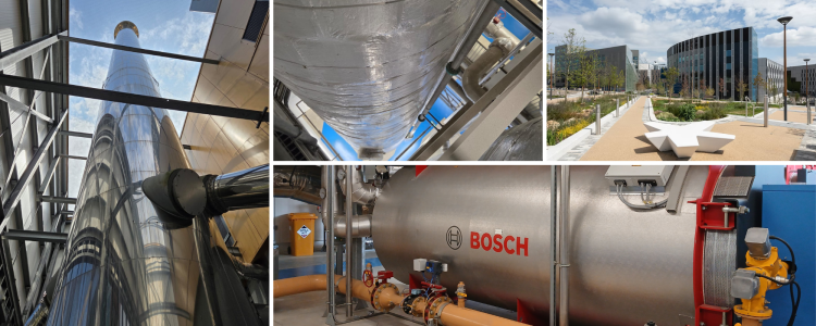 A collage of pictures inside the energy centre including a large water tank and tower