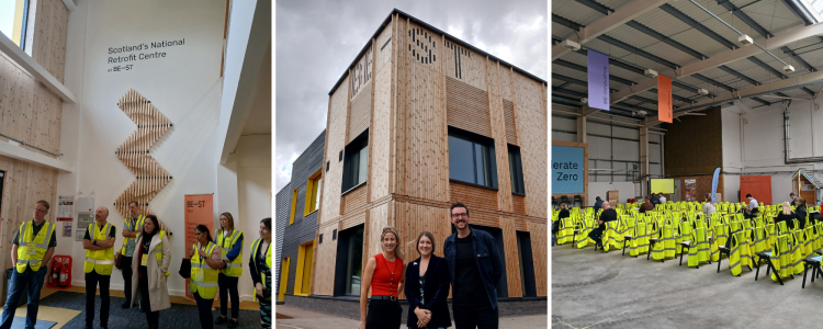 A collage of pictures including a group standing under the BE-ST logo, three people stood outside the building with its wooden facade, and an event hall packed with chairs covered in high-vis jackets.