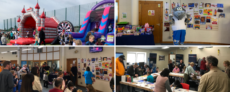 Four pictures featuring a bouncy castle and inflatable slide, someone dressed as a hippo, and people taking part in events such as face painting.
