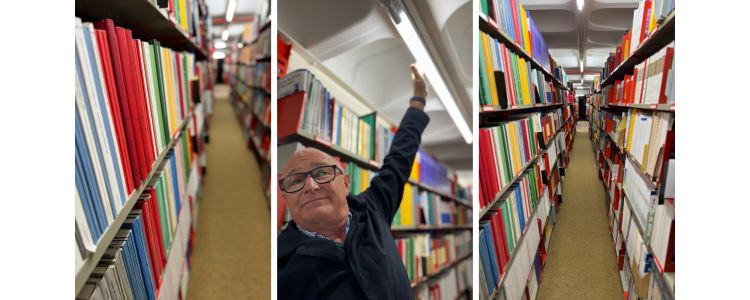 A collage of pictures from inside the library including two images of colourful, filled bookshelves and a man reaching up to touch an energy efficient light bulb