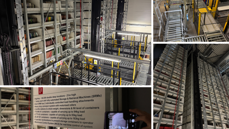 A sign describes how the books are placed on shelves via an automated process.  Other pictures show conveyer belts for books and imposing white-grey bookshelves.