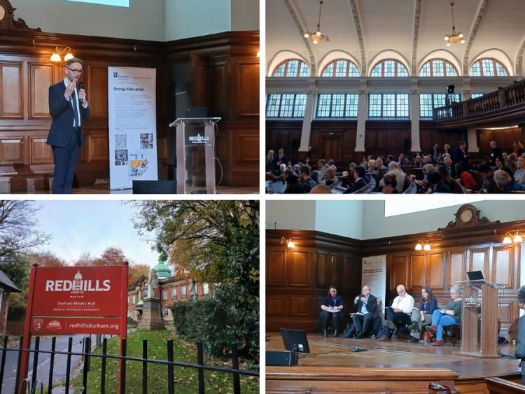 A collage of pictures including a man giving a speech in front of a lecturn, an engaged audience watching under a set of grand stained glass windows, a Redhills sign outside the building, and a panel discussion taking place on stage.