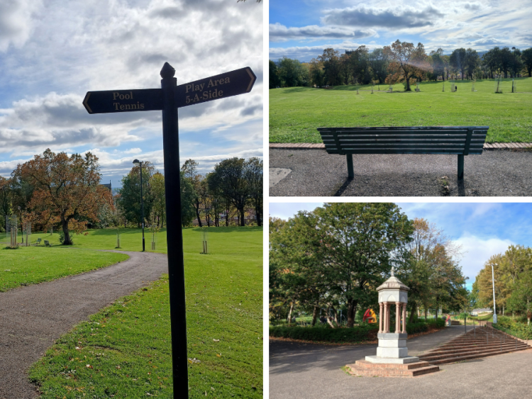 A collage of pictures from Elswick Park including a sign to the pool, a bench and a statue.