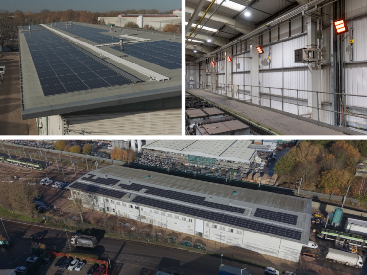 Solar panels on the roof of the depot, infrared heaters inside and a higher aerial view of the site.
