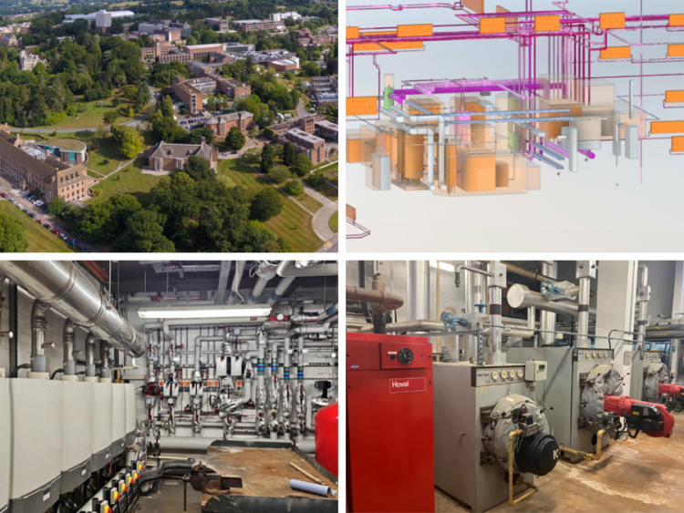 A collage of pictures including an aeriel view of Exeter University, a design of the new plant room and two pictures inside the plant room.