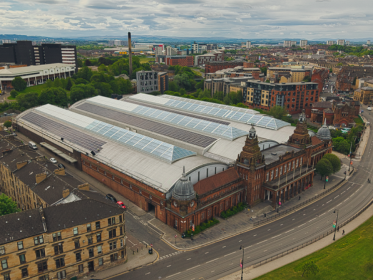 view of large historic building from above 